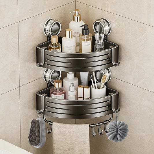Suction Cup Corner Shower Caddy, No Drill, 2 Tier, Gray