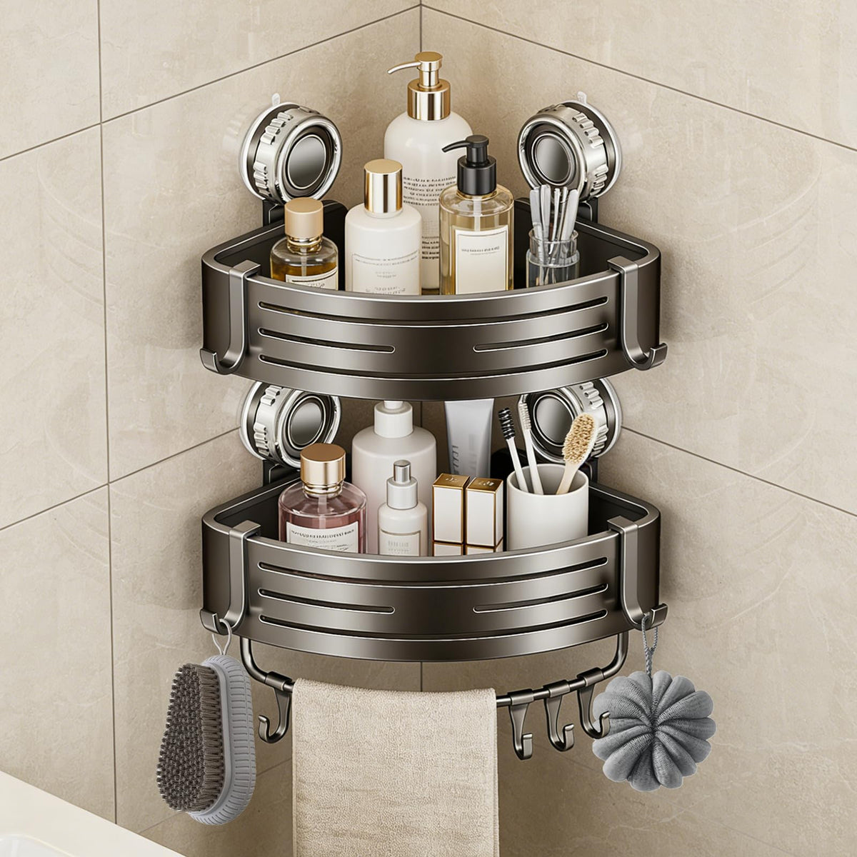 Suction Cup Corner Shower Caddy, No Drill, 2 Tier, Gray