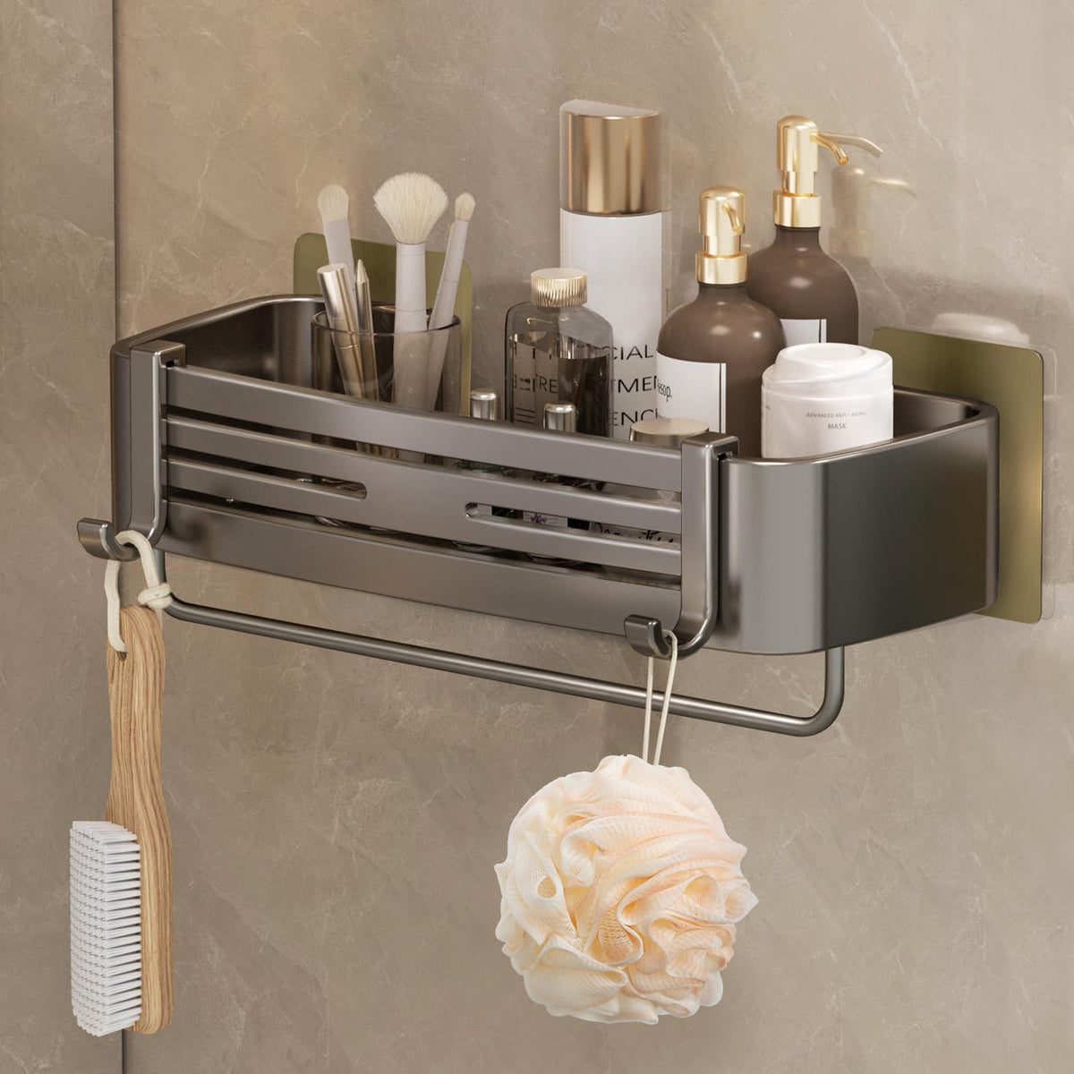 Shower Caddy Suction Cup, No-Drilling Hanging Shower Shelves with Hooks, Waterproof & Rustproof Removable Shower Organizer for Bathroom Storage