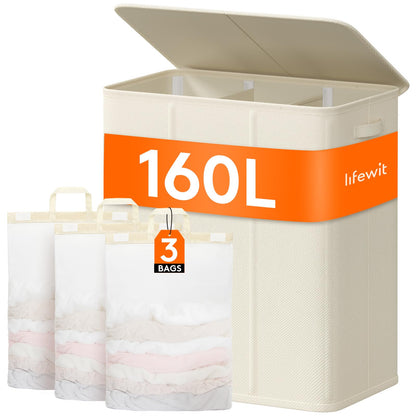 Lifewit Double Laundry Hamper with Lid, Removable Laundry Bags, Beige