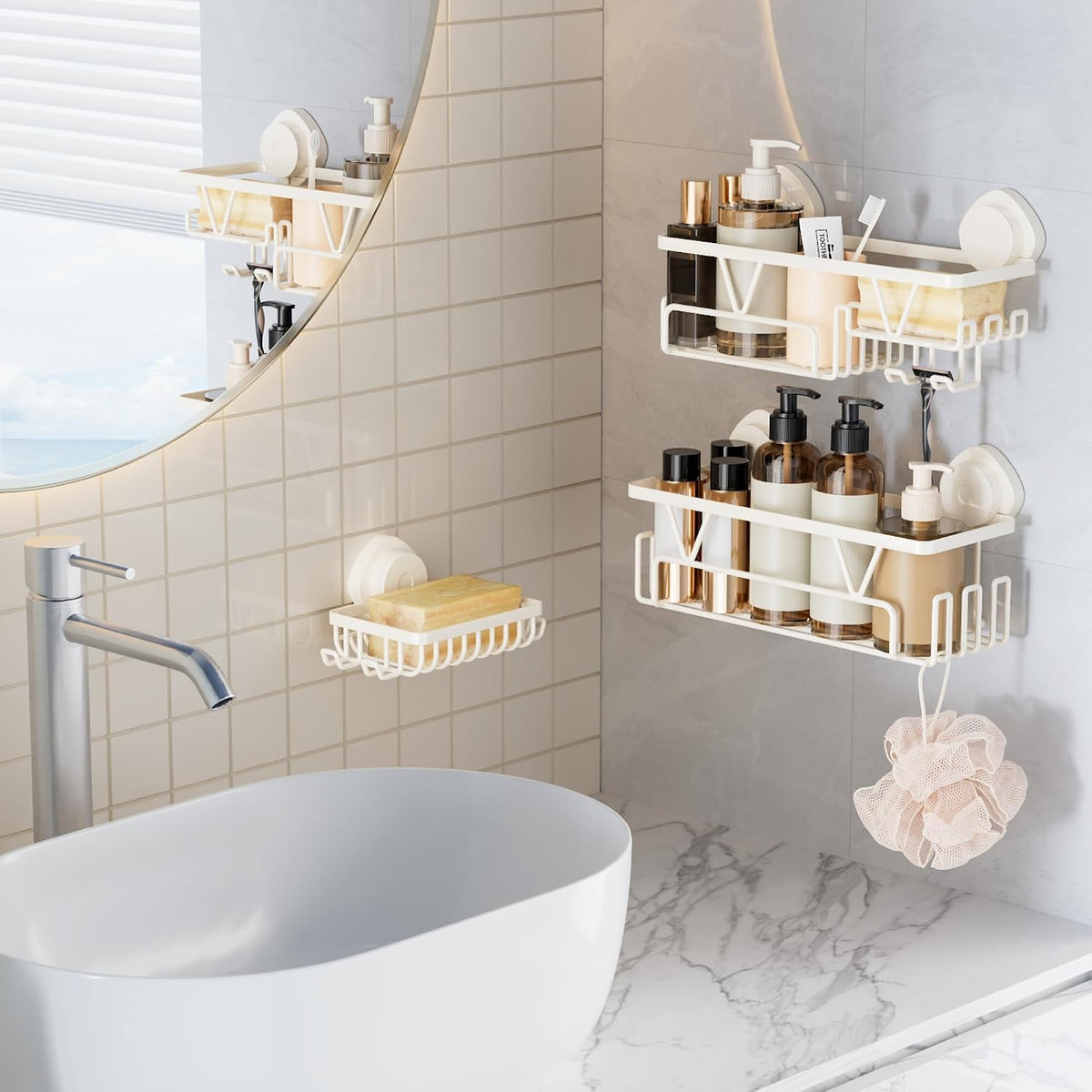 KEGII Suction Cup Shower Caddy, 3 Pack Bathroom Organizer, Cream White