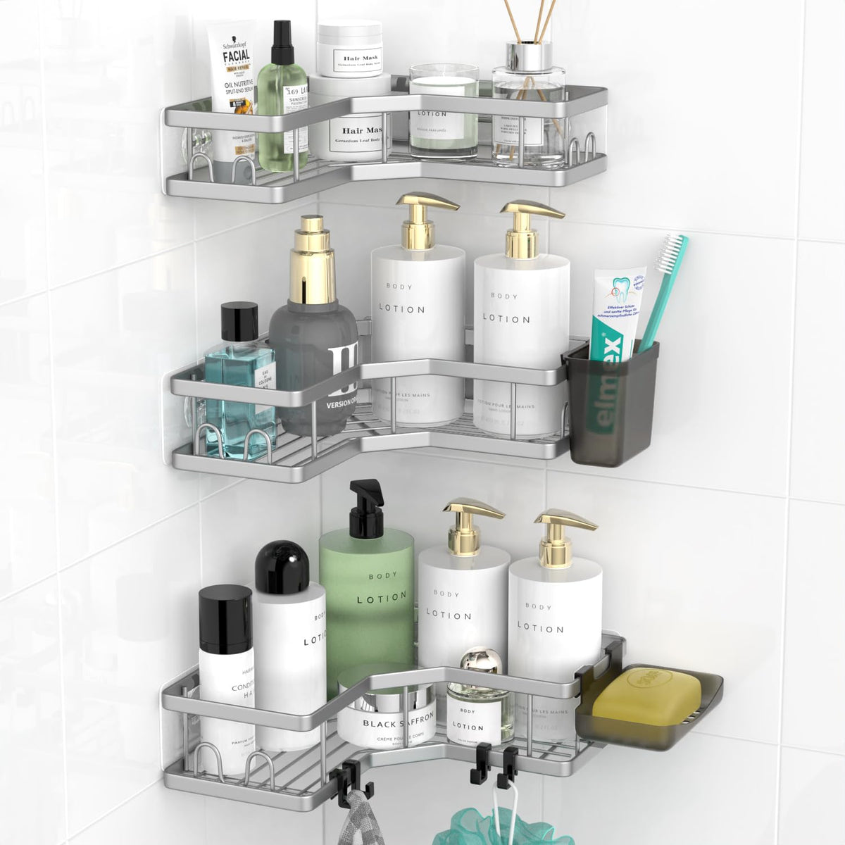 AKTECKE Corner Shower Caddy Bathroom Organizer 2 Pack Adhesive Shelf Decor- No Drilling Stainless Steel Storage Rack with Hooks and Toothpaste Holder - Accessories Stuff