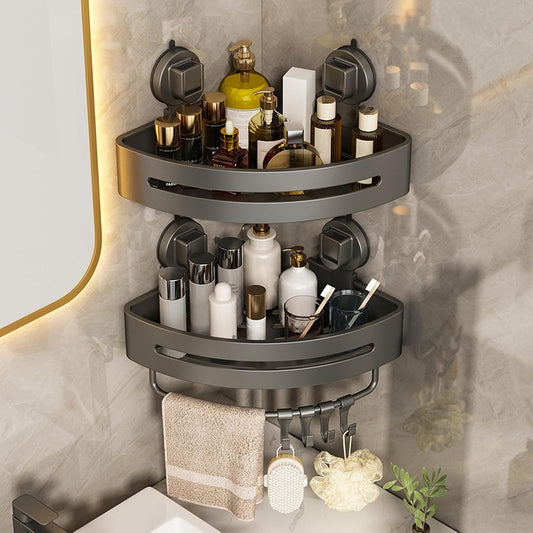 【2026 Upgraded】New Suction Cup Shower Caddy,Extremely Strong Suction Power,Removable Shower Corner Shelf Suction Cup,No Drilling Rust Proof Aluminum Corner Shower Caddy Suction Cup (2-Pack,Grey)
