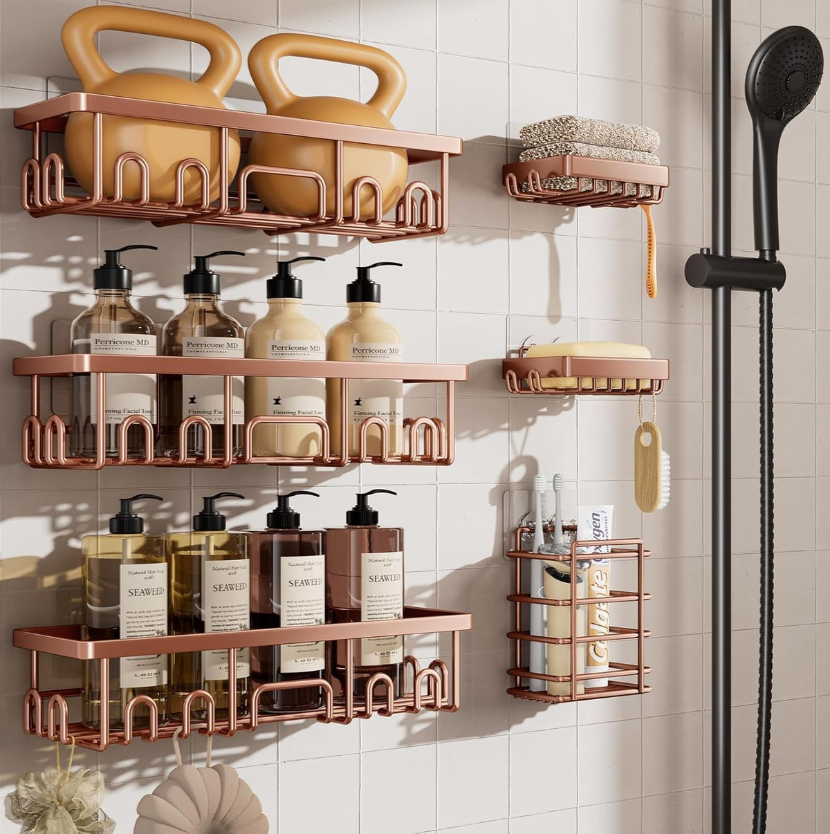 Veken Rustproof & Waterproof Shower Caddy 6-Pack, No Drilling Adhesive Shelves Rack with Soap Holder, Large Capacity Bathroom Organizers and Storage, Wall-Mounted Kitchen & Home Decor, Green