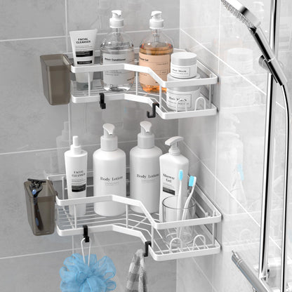 AKTECKE Corner Shower Caddy Bathroom Organizer 2 Pack Adhesive Shelf Decor- No Drilling Stainless Steel Storage Rack with Hooks and Toothpaste Holder - Accessories Stuff