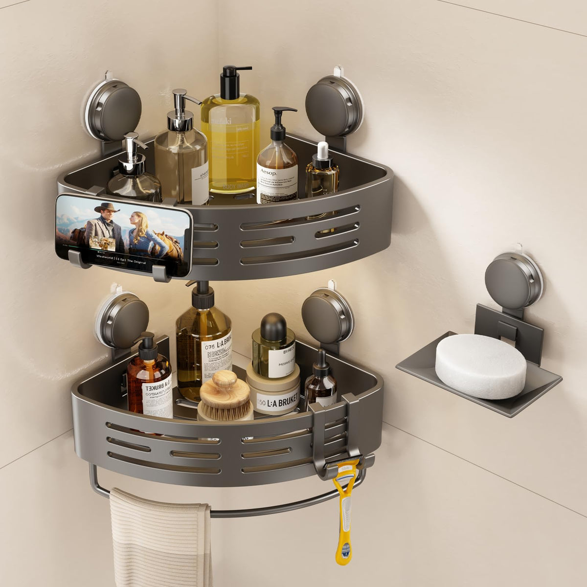 VOLPONE Shower Caddy Corner Suction Cup Shelf Corner No Drilling Bathroom Shower Organizer Storage Rack Adhesive(3-Pack, Gray)