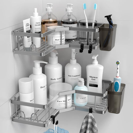 AKTECKE Corner Shower Caddy Bathroom Organizer 2 Pack Adhesive Shelf Decor- No Drilling Stainless Steel Storage Rack with Hooks and Toothpaste Holder - Accessories Stuff