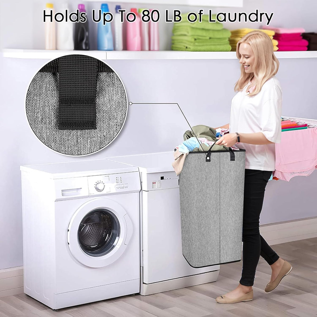 SNIGJAT Large Laundry Basket, 80 L Collapsible Tall Hamper with Handle Grey