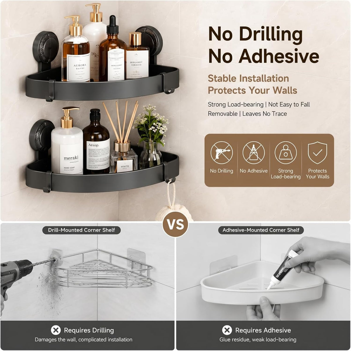 2 Pack Corner Shower Caddy, No Drill Aluminum Suction Cup Shelves