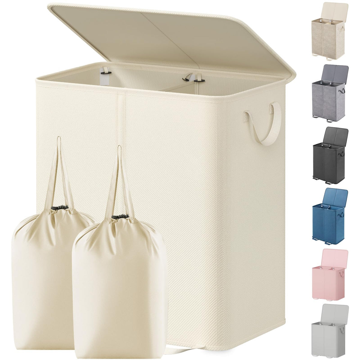 Lifewit Double Laundry Hamper with Lid, Removable Laundry Bags, Beige