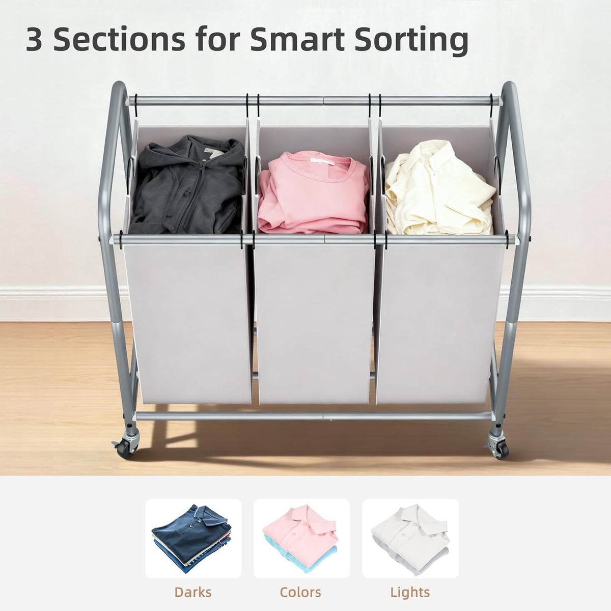 STORAGE MANIAC 3 Section Laundry Sorter, Laundry Hamper with Wheels, Gray
