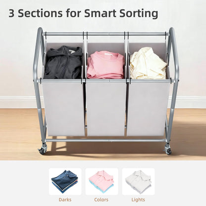 STORAGE MANIAC 3 Section Laundry Sorter, Laundry Hamper with Wheels, Gray