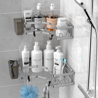 AKTECKE Corner Shower Caddy Bathroom Organizer 2 Pack Adhesive Shelf Decor- No Drilling Stainless Steel Storage Rack with Hooks and Toothpaste Holder - Accessories Stuff