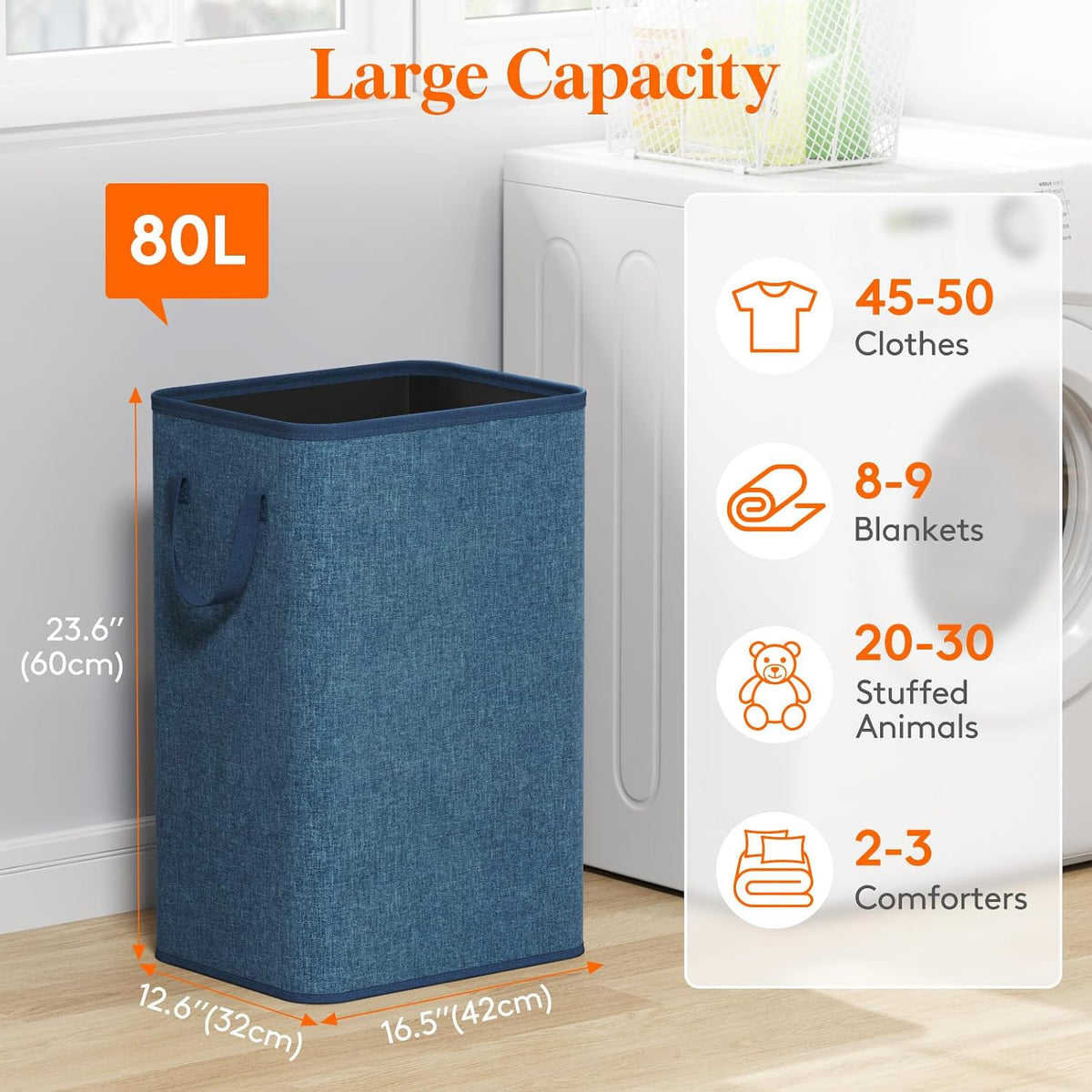 Lifewit 80L Large Laundry Basket with Handles, Dark Blue