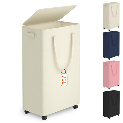Slim Laundry Hamper with Wheels,20 Gal (75L) Rolling Laundry Basket with lid and wheels Clothes Hamper Foldable Tall Dirty Clothes Basket Sturdy Collapsible Clothes Hamper for Dorm,Laundry Room