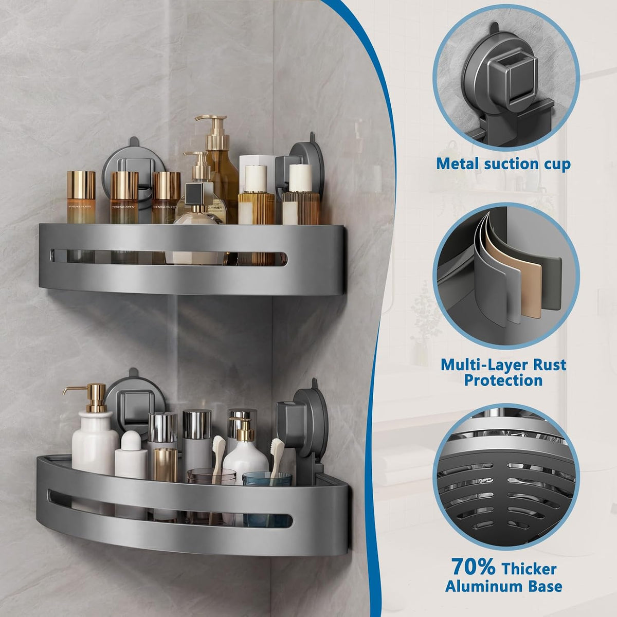 【2026 Upgraded】New Suction Cup Shower Caddy,Extremely Strong Suction Power,Removable Shower Corner Shelf Suction Cup,No Drilling Rust Proof Aluminum Corner Shower Caddy Suction Cup (2-Pack,Grey)