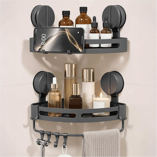 2 Pack No Drill Corner Shower Caddy, Dual-Lock, Towel Bar & Hooks