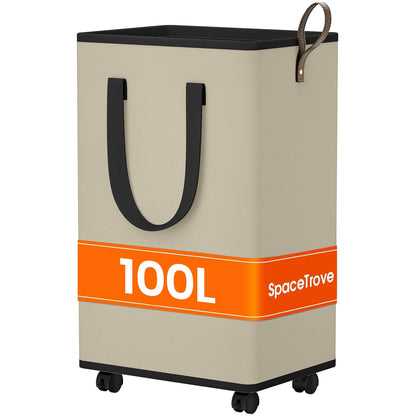 SpaceTrove Rolling Laundry Basket with Wheels, Laundry Hamper, 80L, Grey