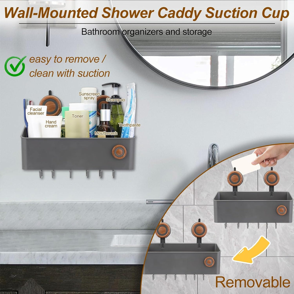 Shower Caddy Suction Cup, Removable Waterproof Bathroom Organizer Shower Shelf with Drainage, Suction Plastic Storage for Inside Shower, Shampoo, Bathroom Accessories Holder, Gray (Mahogany-L)
