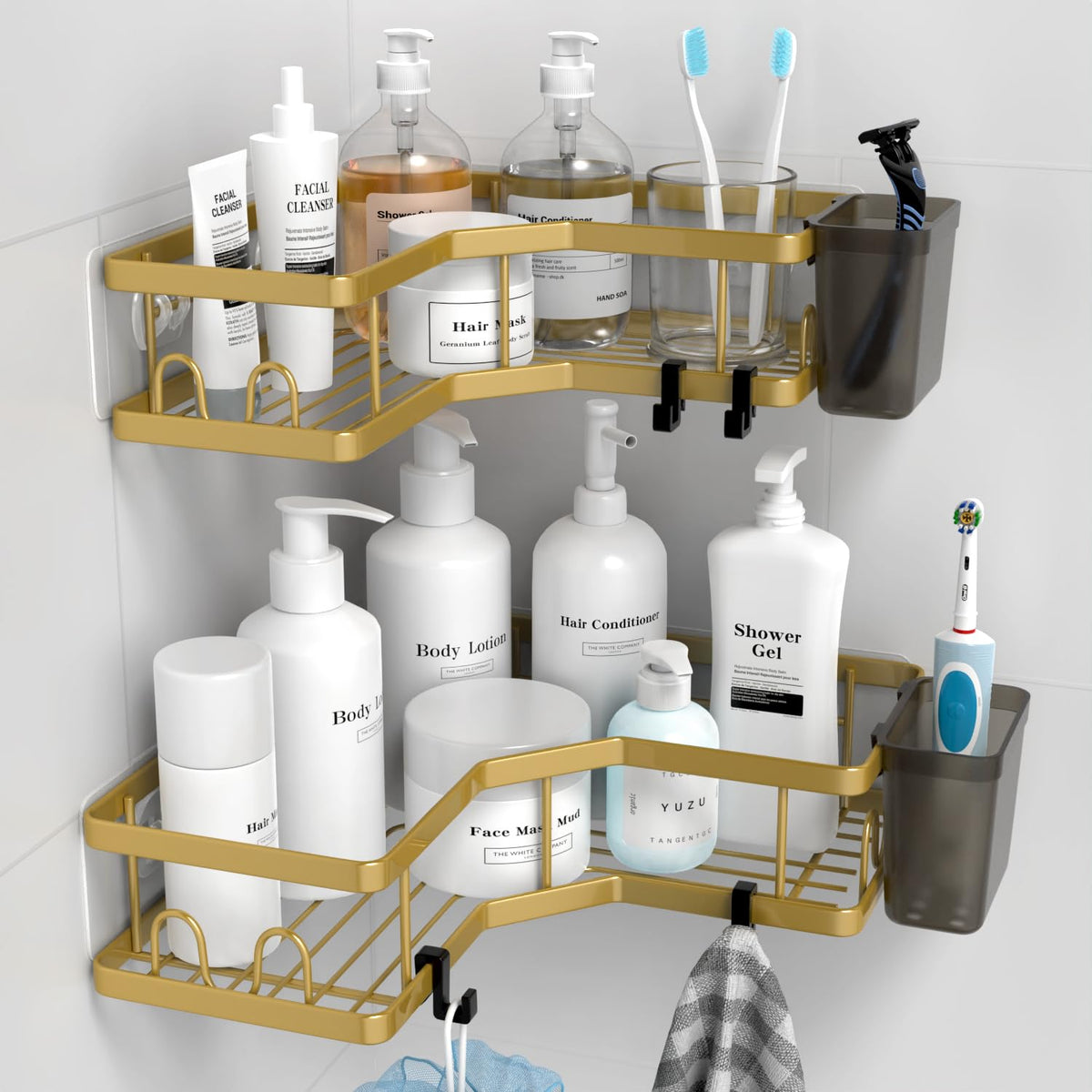 AKTECKE Corner Shower Caddy Bathroom Organizer 2 Pack Adhesive Shelf Decor- No Drilling Stainless Steel Storage Rack with Hooks and Toothpaste Holder - Accessories Stuff