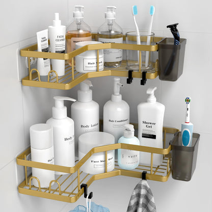 AKTECKE Corner Shower Caddy Bathroom Organizer 2 Pack Adhesive Shelf Decor- No Drilling Stainless Steel Storage Rack with Hooks and Toothpaste Holder - Accessories Stuff