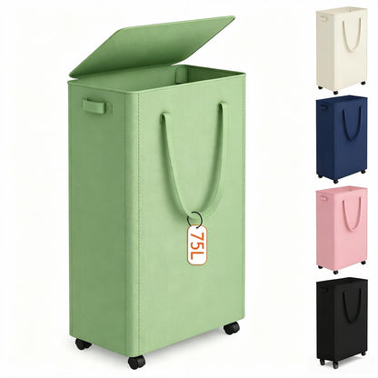 Slim Laundry Hamper with Wheels,20 Gal (75L) Rolling Laundry Basket with lid and wheels Clothes Hamper Foldable Tall Dirty Clothes Basket Sturdy Collapsible Clothes Hamper for Dorm,Laundry Room