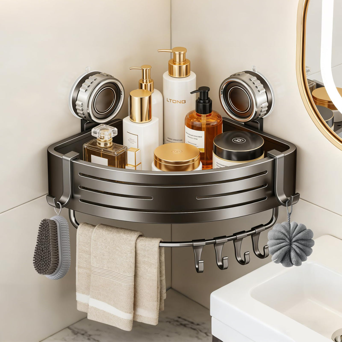 Suction Cup Corner Shower Caddy, No Drill, 2 Tier, Gray