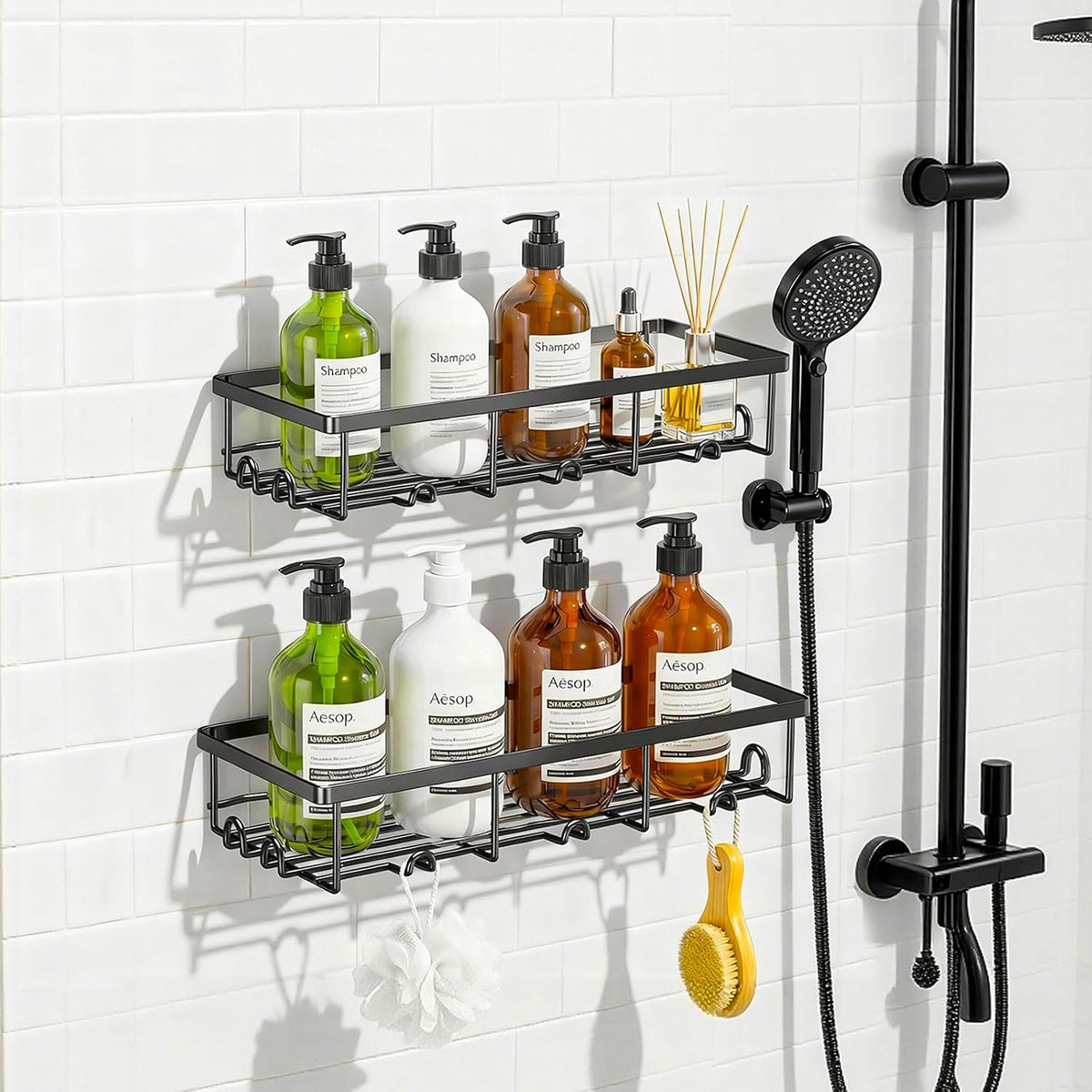 Adhesive Large Wall Shower Caddy Shelves for Inside Shower with Hooks