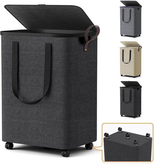 Laundry Basket with 5 Wheels, Rolling Laundry Hamper, 75L, Deep Gray