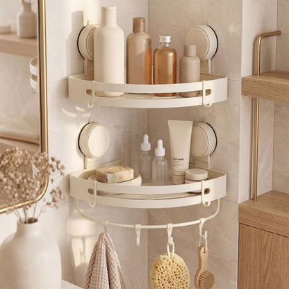 Corner Shower Caddy Bathroom Organizer（2-Pack Cream White）,No-Drilling Aluminum Suction Cup Corner Shower Shelf with Towel Bar & Hooks,Detachable and Reusable Bathroom and Kitchen Storage