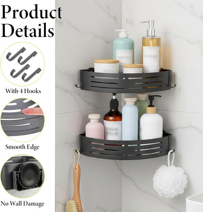 2PCS Shower Caddy Corner, Suction Cup Shelves with Hook, Aluminum