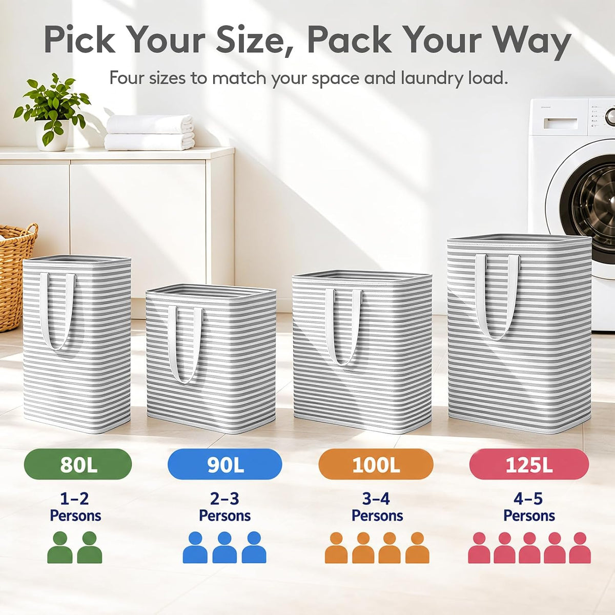 Lifewit 80L Large Laundry Baskets, Laundry Hampers Bags, 2 Pack, Grey