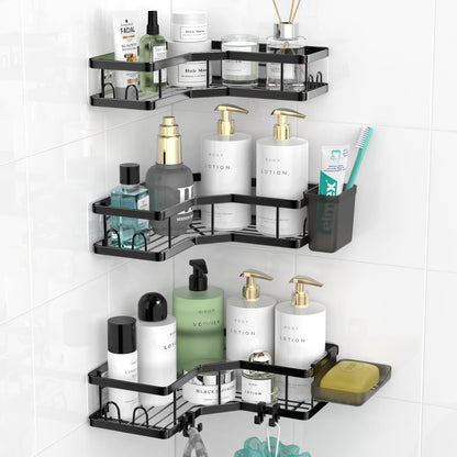 AKTECKE Corner Shower Caddy Bathroom Organizer 2 Pack Adhesive Shelf Decor- No Drilling Stainless Steel Storage Rack with Hooks and Toothpaste Holder - Accessories Stuff