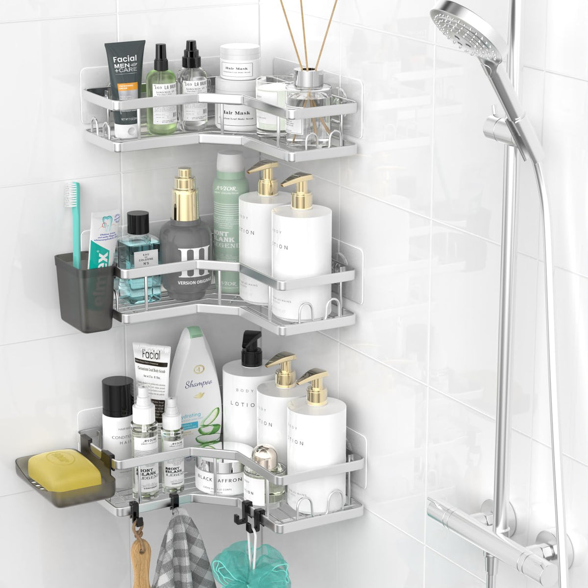 AKTECKE Corner Shower Caddy Bathroom Organizer 2 Pack Adhesive Shelf Decor- No Drilling Stainless Steel Storage Rack with Hooks and Toothpaste Holder - Accessories Stuff
