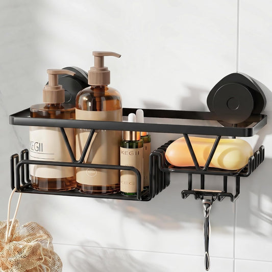 KEGII Shower Caddy Suction Cup with Soap Holder and Hooks, Matte Black