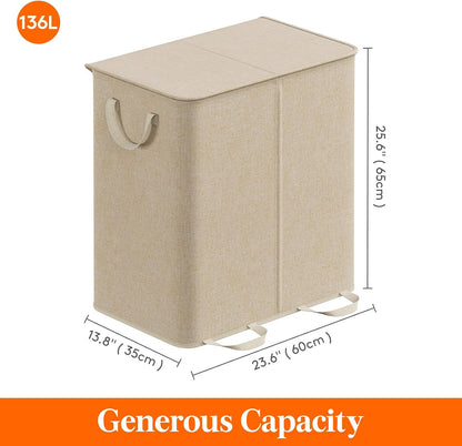 Lifewit Double Laundry Hamper with Lid, Removable Laundry Bags, Beige