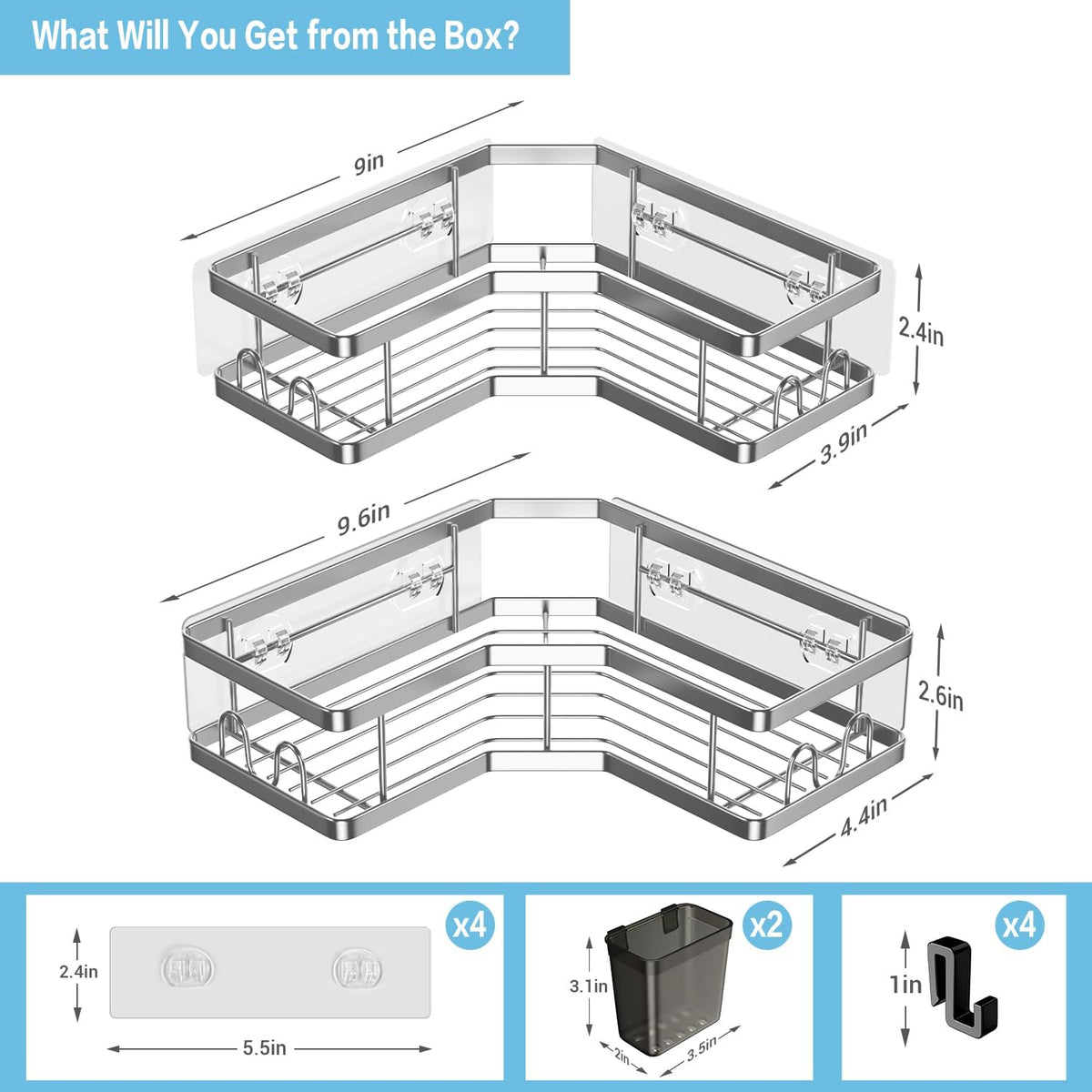 AKTECKE Corner Shower Caddy Bathroom Organizer 2 Pack Adhesive Shelf Decor- No Drilling Stainless Steel Storage Rack with Hooks and Toothpaste Holder - Accessories Stuff