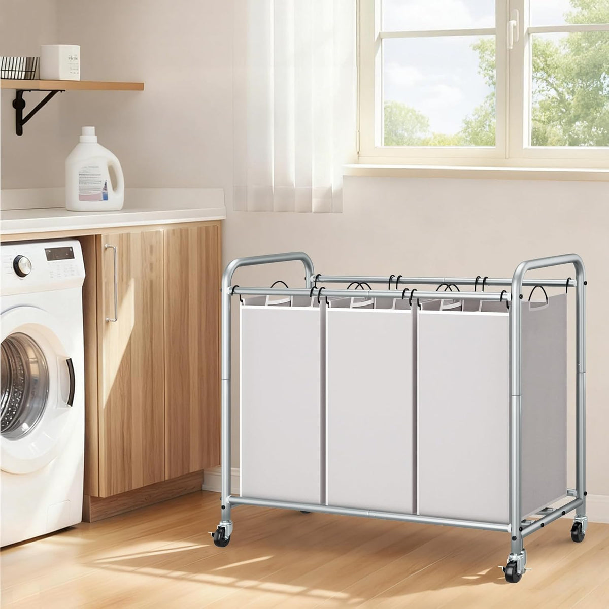 STORAGE MANIAC 3 Section Laundry Sorter, Laundry Hamper with Wheels, Gray