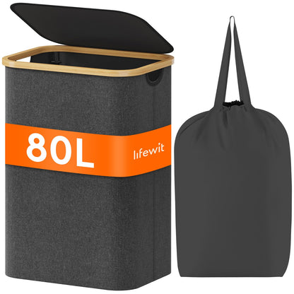 Lifewit 105L Large Laundry Basket with Lid, Removable Bags, Beige