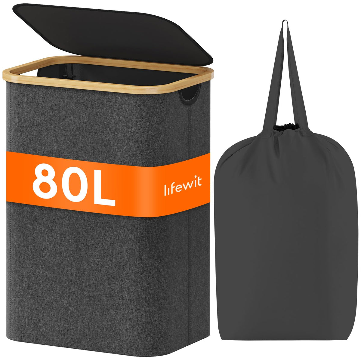 Lifewit 105L Large Laundry Basket with Lid, Removable Bags, Black