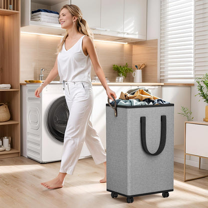 SpaceTrove Rolling Laundry Basket with Wheels, Laundry Hamper, 80L, Grey