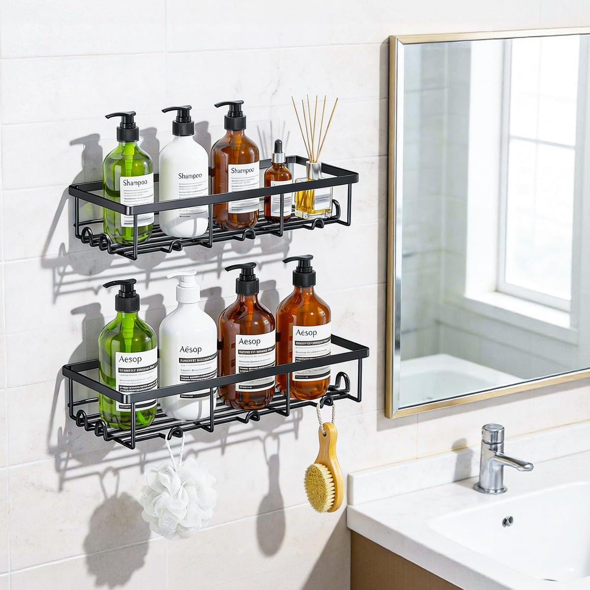Adhesive Large Wall Shower Caddy Shelves for Inside Shower with Hooks