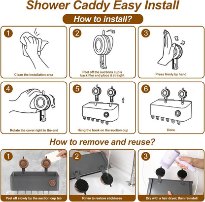Shower Caddy Suction Cup, Removable Waterproof Bathroom Organizer Shower Shelf with Drainage, Suction Plastic Storage for Inside Shower, Shampoo, Bathroom Accessories Holder, Gray (Mahogany-L)