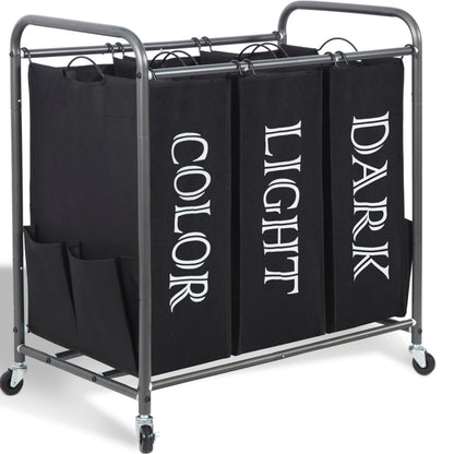 STORAGE MANIAC 3 Section Laundry Sorter, Laundry Hamper with Wheels, Gray