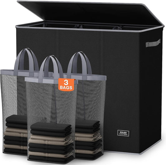 SOLEDI Large Laundry hamper 3 Section with Laundry Bag, XL Clothes Basket