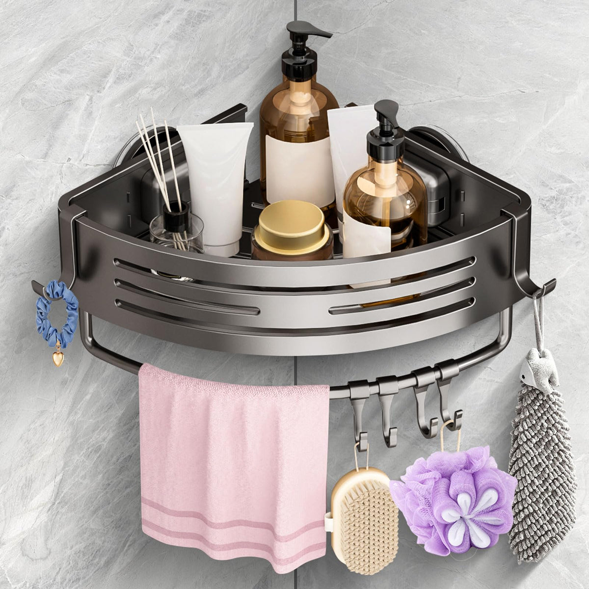 Shower Caddy Suction Cup, No Drilling Removable Shower Shelf with Towel Bar & Portable Hooks, Aluminum Rustproof Bath Corner Shower Rack Organizer for Bathroom Storage (Gray)