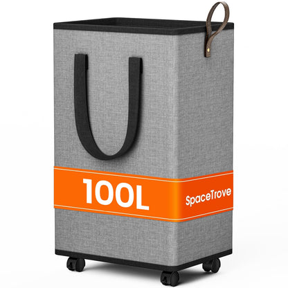 SpaceTrove Rolling Laundry Basket with Wheels, Laundry Hamper, 80L, Grey