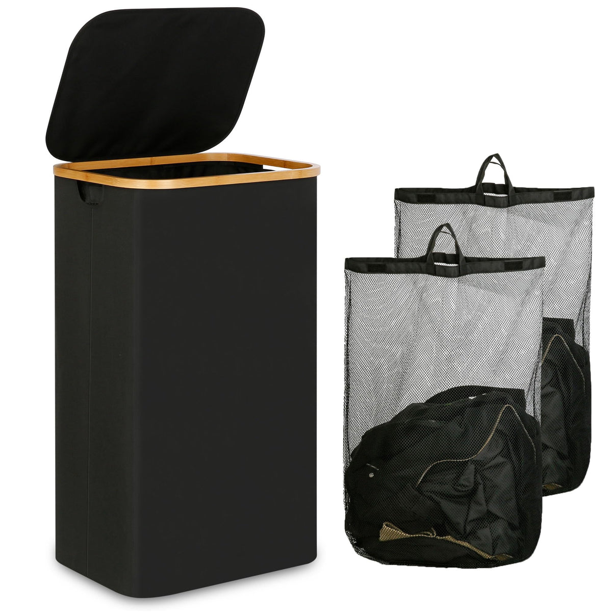 IEGrow Laundry Hamper with Lid,110L Laundry Basket with Mesh Bags,Black