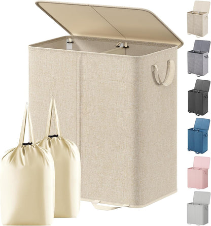 Lifewit Double Laundry Hamper with Lid, Removable Laundry Bags, Beige