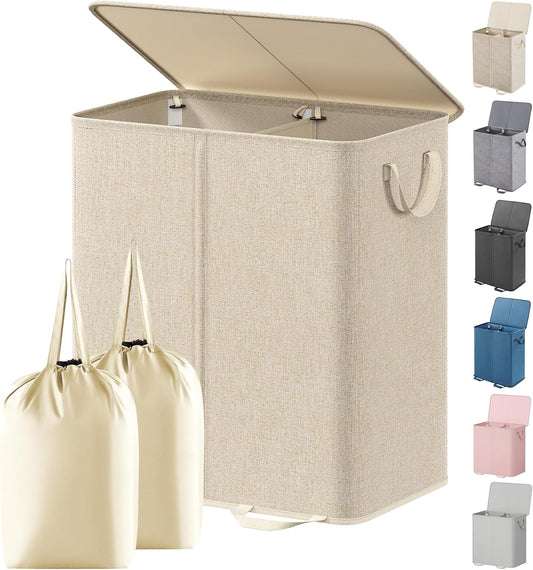 Lifewit Double Laundry Hamper with Lid, Removable Laundry Bags, Beige